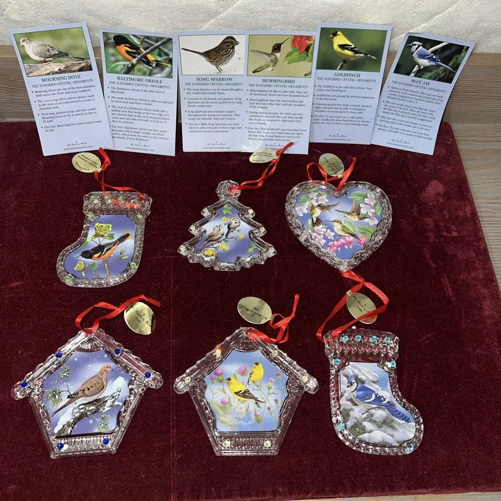 Collection of 6 Danbury Mint‎ Song Bird Crystal Christmas Ornaments